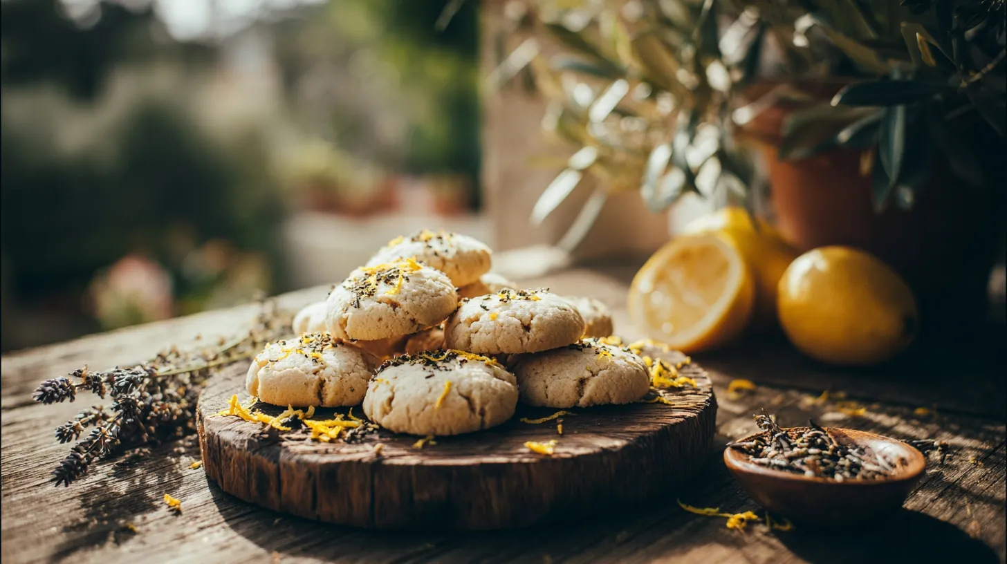 Canistrelli corses disposés sur une planche en bois avec zestes de citron et graines d'anis