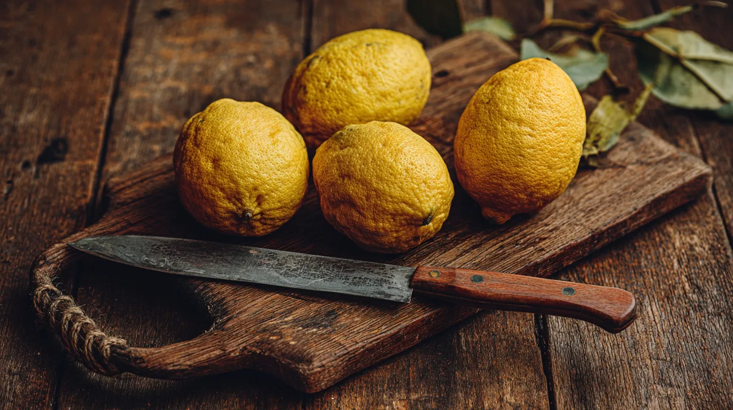 Fruits de poncirus trifoliata jaunes sur une planche à découper