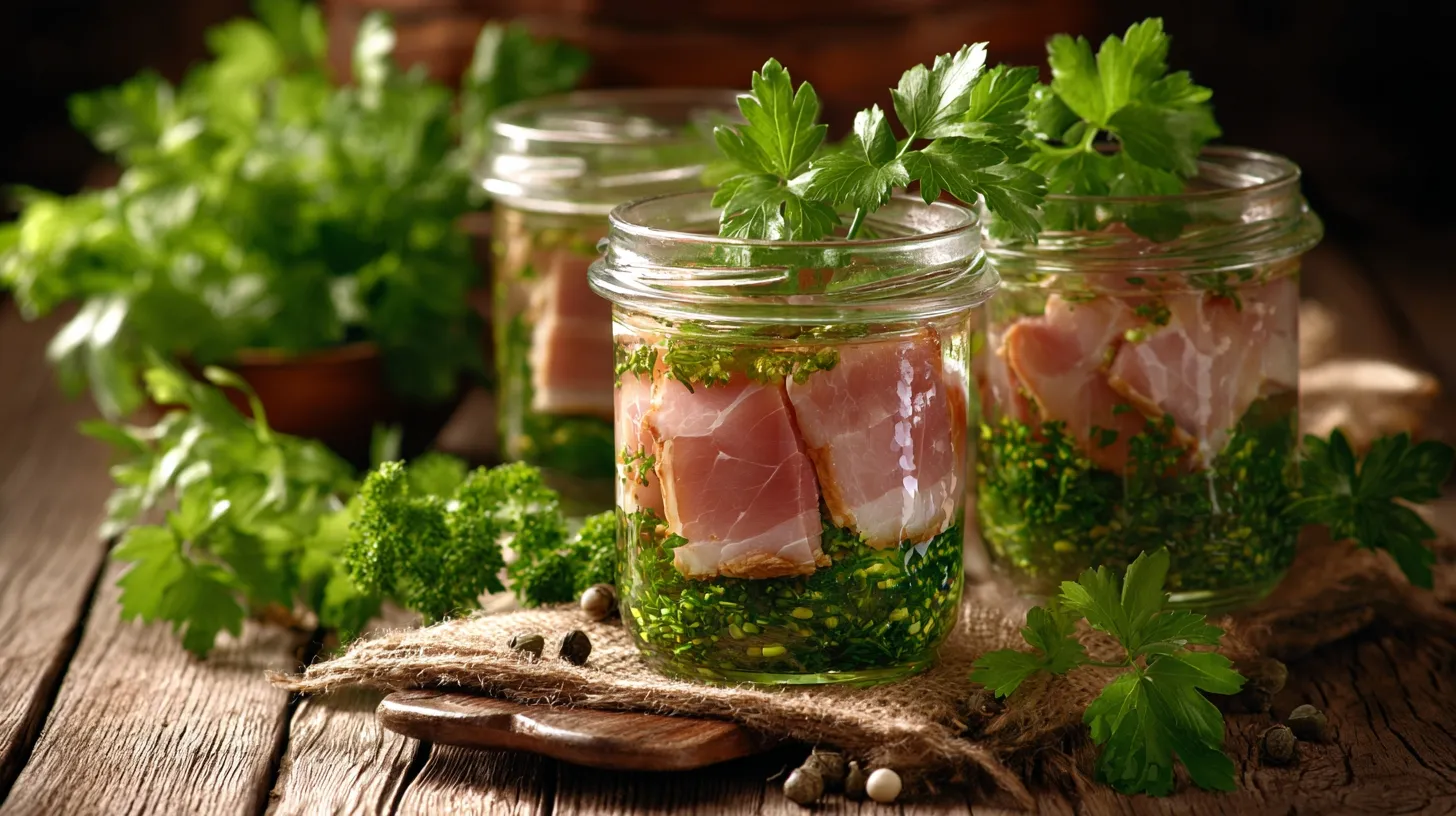 Bocaux de jambon persillé fait maison alignés sur un plan de travail