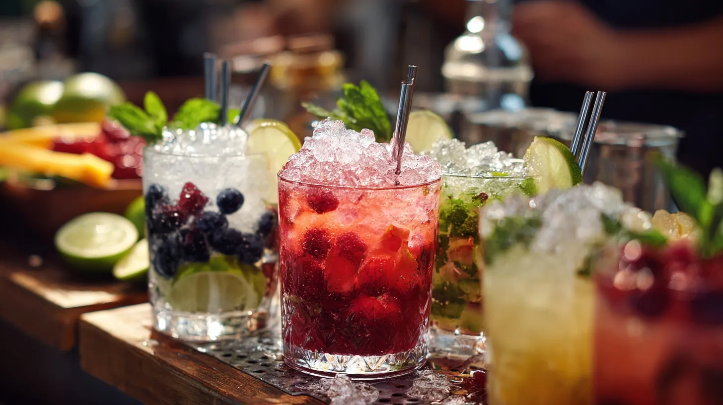 Cocktails maison colores disposes sur un comptoir avec des fruits frais