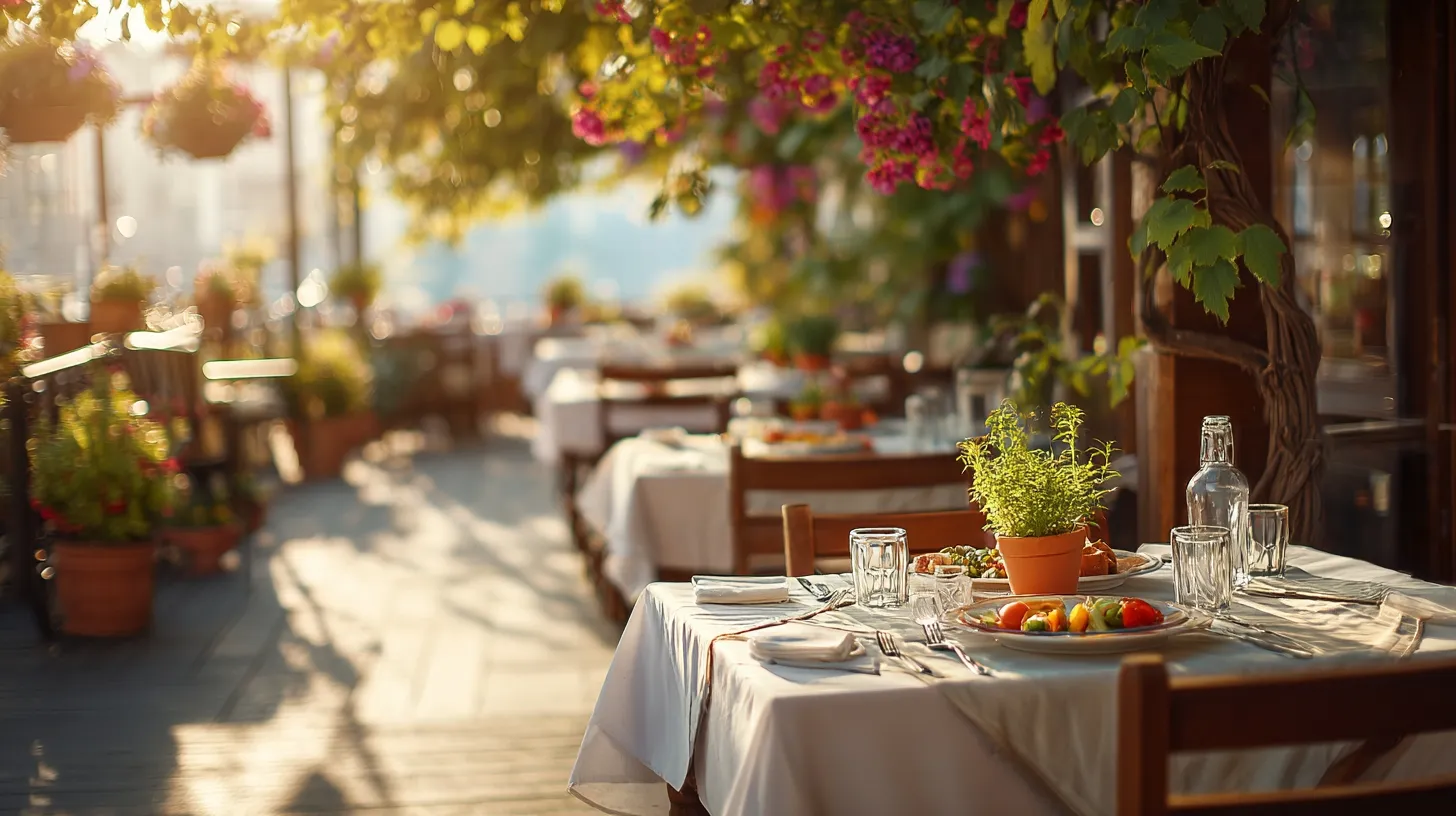 Table de restaurant en terrasse avec des plats estivaux colores